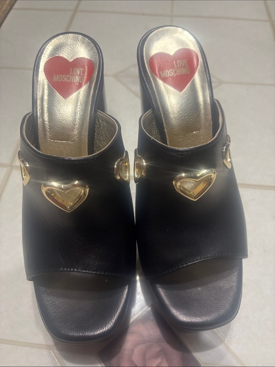 Love Moschino Shoes - Love Moschino Black Slip-On Mules with Gold Heart Hardware